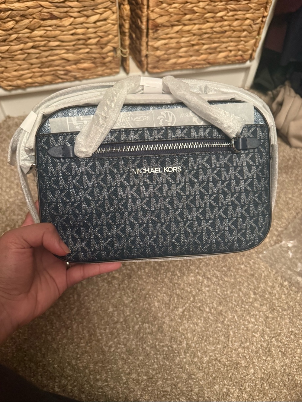 Michael Kors Navy MK Logo Canvas Crossbody Bag